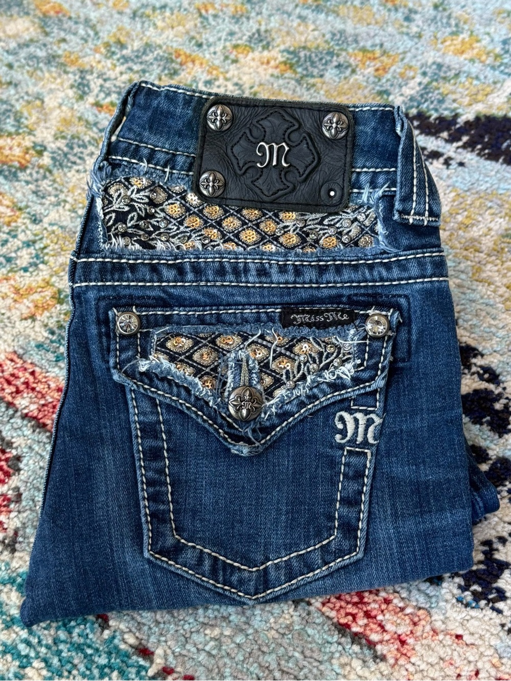 Miss Me Rhinestone Sequin Flap Pocket Bootcut Jeans